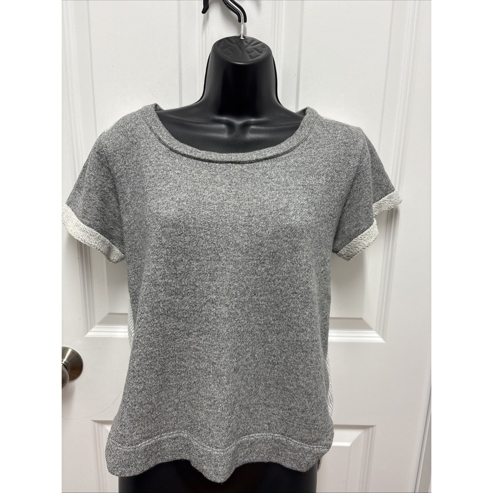 VERONICA BEARD Gray Heathered Short Sleeve T Shirt Top with Striped Panel Size O